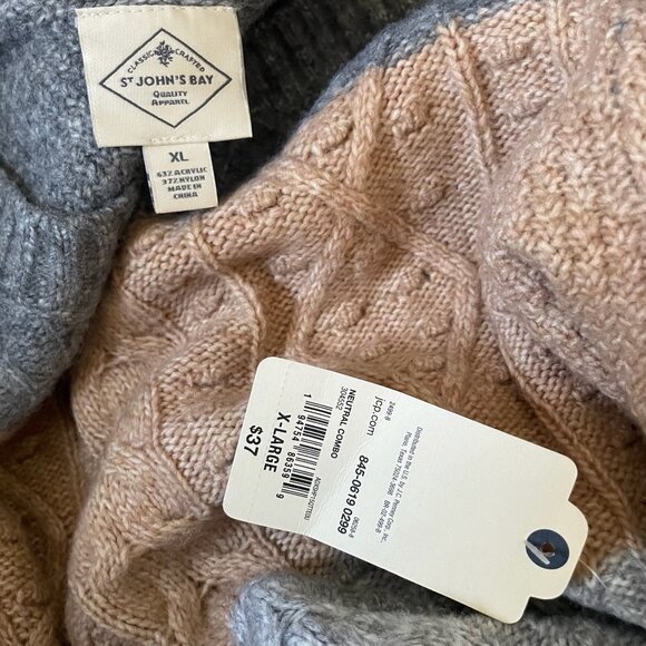 NWT ST. JOHN'S BAY XL Cable Knit Color Block Sweater Crewneck Neutral Multicolor - Picture 3 of 3
